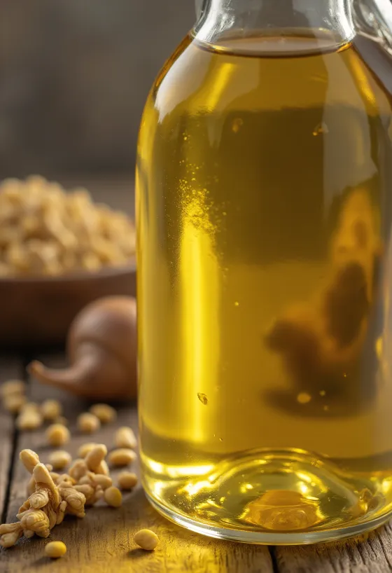 Vaj liri në shishe ngjyrë qelibari dhe në tas mbi sipërfaqe të çelët