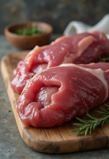 Fileto mëlçie të papërpunuara të prera mbi dërrasë prerëse, në gjendje të freskët