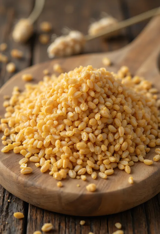 Malt si përbërës: elb i maltuar dhe pluhur malti i bluar në tas druri dhe i shpërndarë në sipërfaqe kuzhine