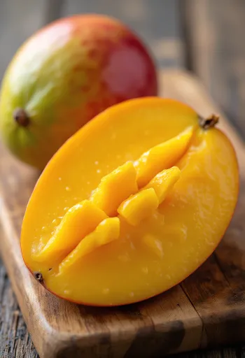 Mango e freskët e prerë në feta mbi tavolinë druri, me tul portokalli të ndezur