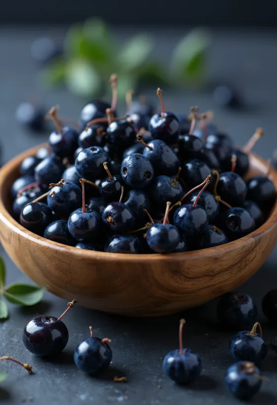Manaferra maqui të freskëta me ngjyrë vjollcë të errët, një pjesë e prerë, të papërpunuara