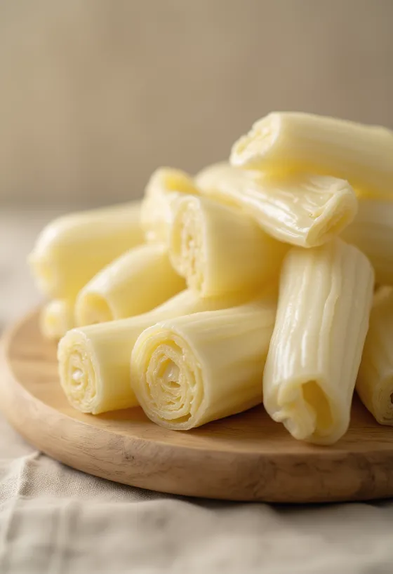 Filiza bambuje të prerë në feta në dërrasë prerëse, të rrethuar me perime të freskëta