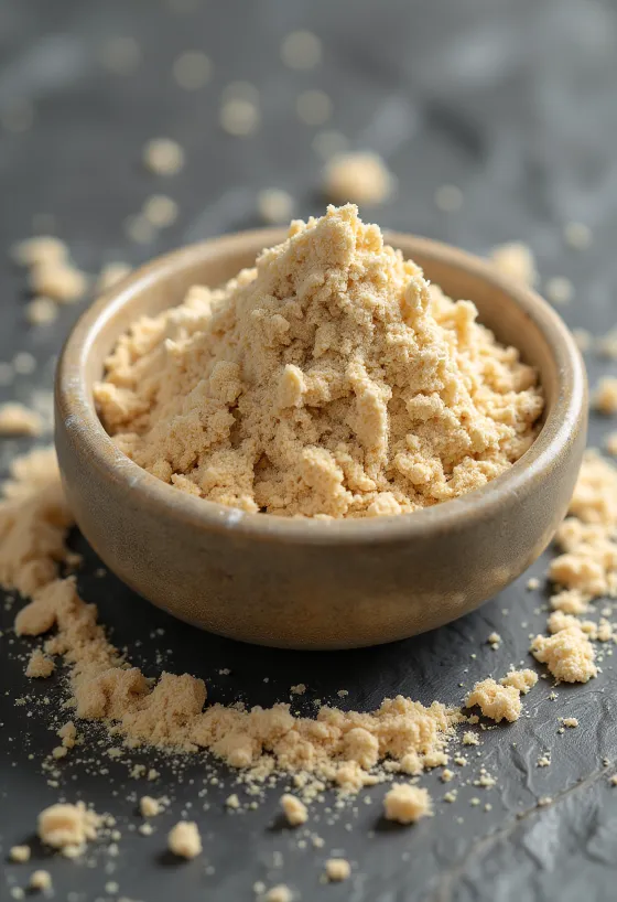 Pluhur Baobab në enë të vogël qelqi, në ngjyrë kafe dheu, i rrethuar nga fruta të freskëta baobab