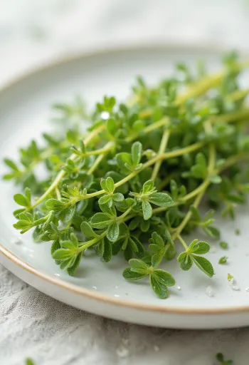 Gjethe të freskëta trumze limoni në një pjatë të pastër