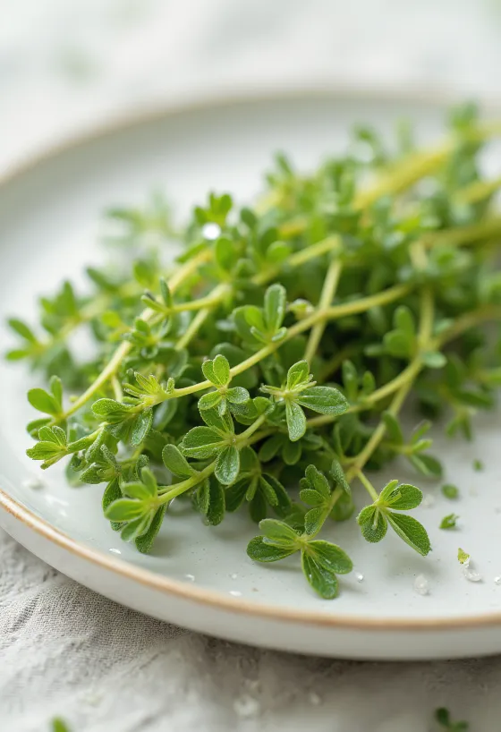 Gjethe të freskëta trumze limoni në një pjatë të pastër