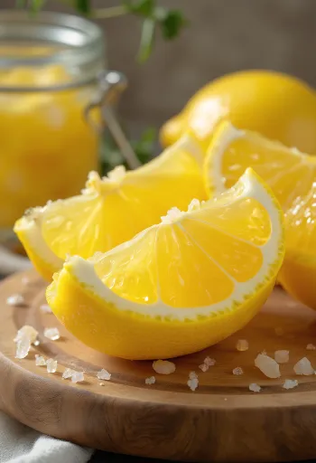 Feta limoni të fermentuar në kavanoz, ngjyrë e verdhë e artë paksa e tejdukshme