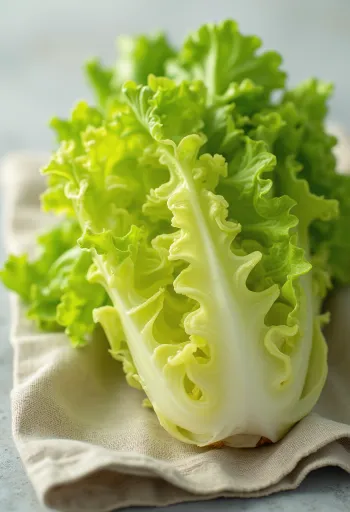 Sallatë Frisée (cikore) e freskët, me gjethe kaçurrele, jeshile në dërrasë prerëse