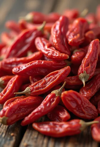 Manaferra Goji në kavanoz të vogël, me ngjyrë të kuqe të pasur, rrethuar nga manaferra të thara