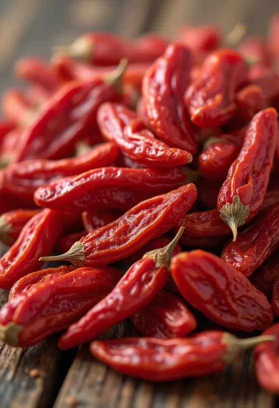 Manaferra Goji në kavanoz të vogël, me ngjyrë të kuqe të pasur, rrethuar nga manaferra të thara