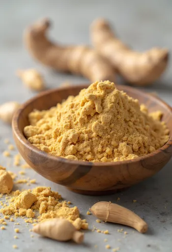 Pluhur maca në kavanoz të vogël, me ngjyrë kafe toke, rrethuar nga rrënjë të freskëta maca
