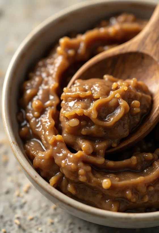 Pastë Miso në shishe të vogël, me ngjyrë kafe të pasur, e rrethuar nga soja, alga të thata dhe oriz
