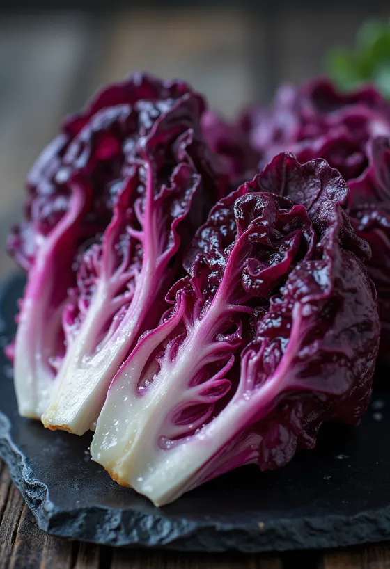Radicchio i freskët, me gjethe të kuqe e të bardha mbi dërrasë prerëse