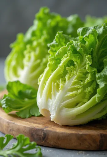 Sallatë Romaine e freskët, me gjethe të gjata e krokante mbi dërrasë prerëse