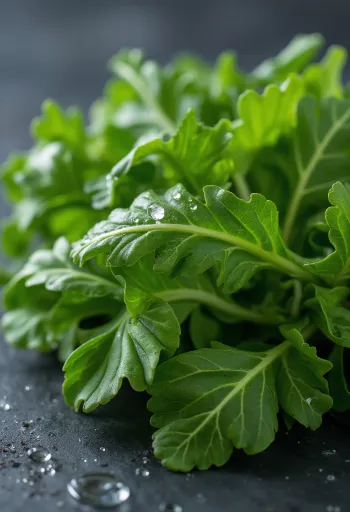 Rukola e freskët, me gjethe të gjelbra mbi dërrasë prerëse