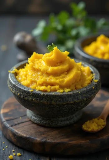 Pastë kerri e verdhë në enë të vogël qelqi, me ngjyrë të verdhë të pasur, rrethuar nga erëza si kurkuma, qimnon dhe koriandër