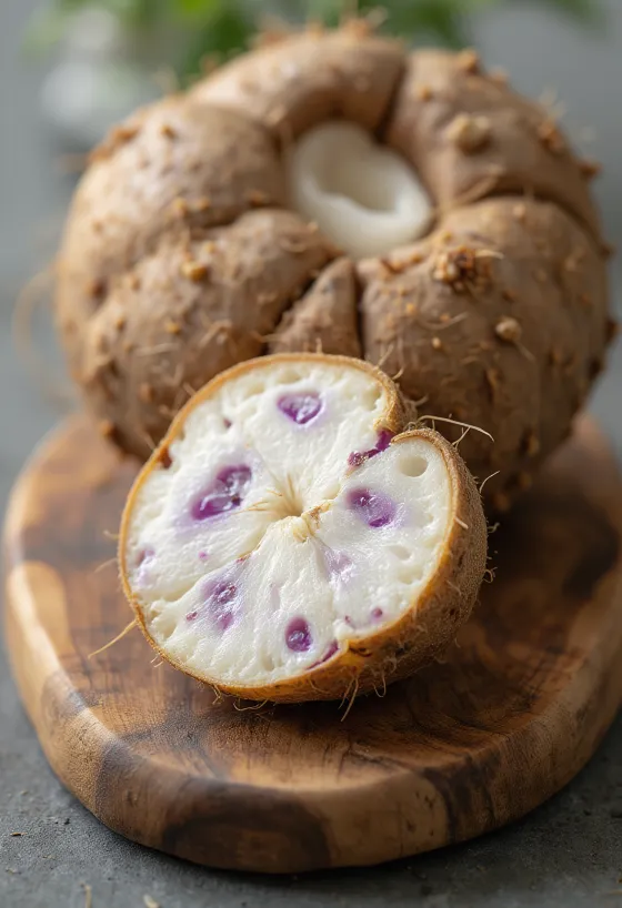 Rrënjë taro (taro root) e prerë në dërrasë prerjeje, rrethuar nga perime rrënjore të freskëta