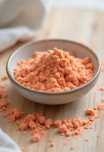 Pluhur Acerola në enë të vogël qelqi, me ngjyrë të kuqe të thellë, i rrethuar nga qershi Acerola të plota