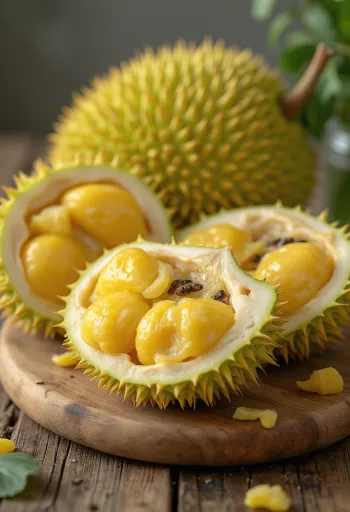 Fruti Jackfruit, tul i verdhë, fijor dhe lëkurë e gjelbër me gjemba