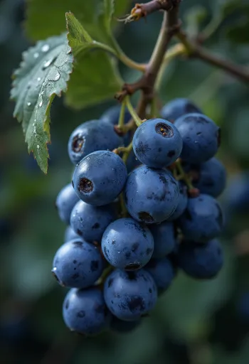 Imazh i afërt i rrushit Kékfrankos, kokrra të freskëta dhe të lëngshme, me lëkurë blu në vjollcë