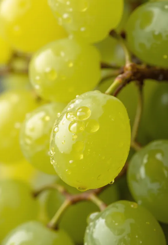 Imazh i afërt i rrushit Irsai Olivér, me kokrra të freskëta e të lëngshme, me lëkurë të verdhë-gjelbër