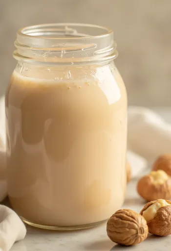 Qumësht lajthie i mbushur në gotë, pranë lajthive në tas dhe të shpërndara