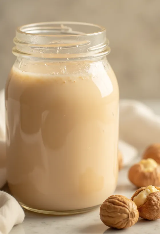 Qumësht lajthie i mbushur në gotë, pranë lajthive në tas dhe të shpërndara
