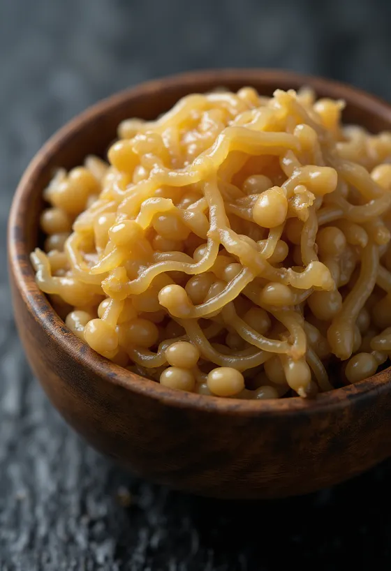 Soja e fermentuar Natto në tas, me teksturë ngjitëse, me lugë druri