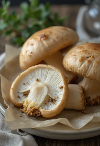 Porcini i verës i prerë fëtash me erëza dhe vaj ulliri në dërrasë druri