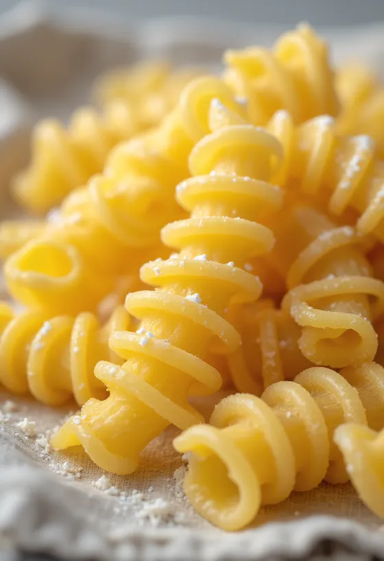 Makarona fusilli të thata në sipërfaqe druri të shpërndara në formë spirale