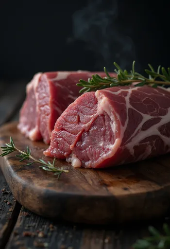 Copa mishi të freskët kaprolli me kokrra dëllinje, rozmarinë dhe hudhër mbi një sipërfaqe druri