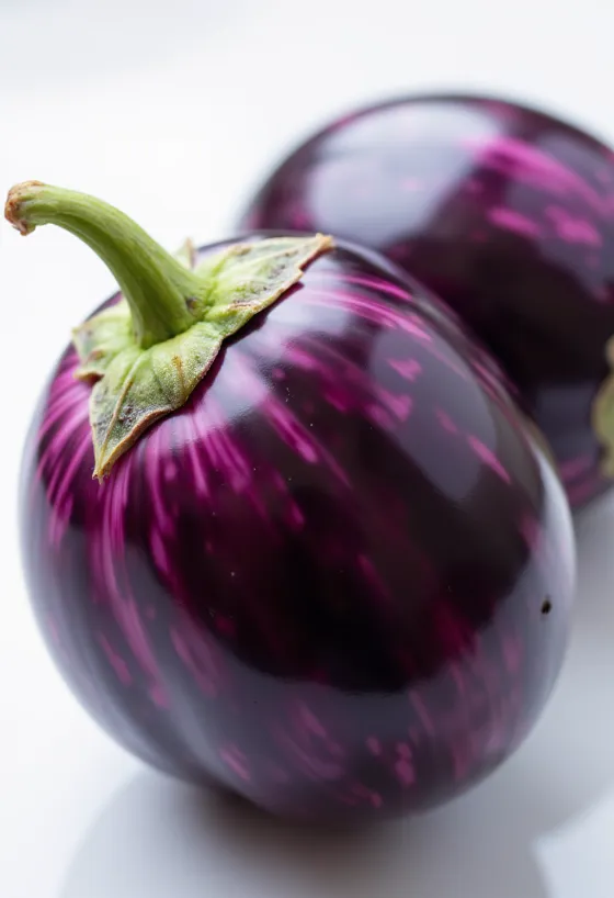 Patëllxhan i prerë përgjysmë me brendësi të çelët, lëkurë vjollcë e shndritshme