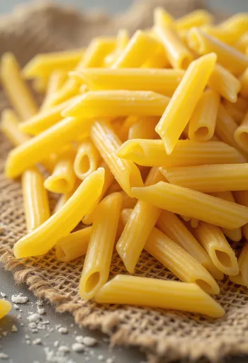 Makarona Penne të thata me sipërfaqe të vijëzuar, mbi sfond druri