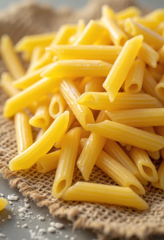 Makarona Penne të thata me sipërfaqe të vijëzuar, mbi sfond druri