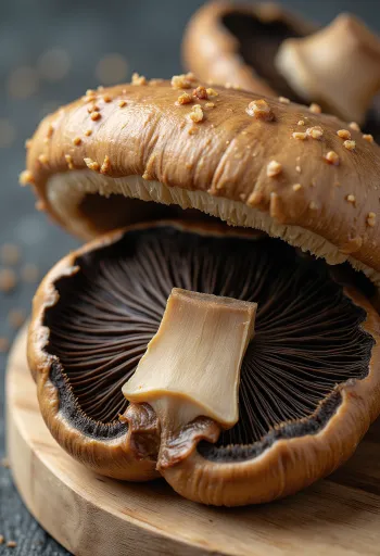 Kërpudha Portobello të freskëta në dërrasë prerëse, të përgatitura për skarë me vaj ulliri dhe rozmarinë
