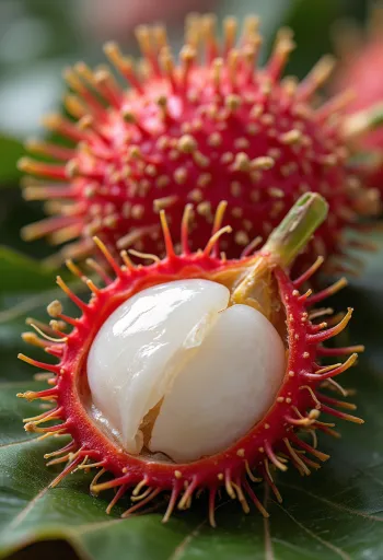 Frut rambutan i plotë dhe i prerë përgjysmë me lëkurë të kuqe me qime dhe tul të bardhë të brendshëm