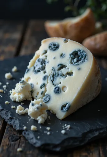Djathë blu Roquefort i freskët në një tas të bardhë qeramike, mbi tavolinë druri