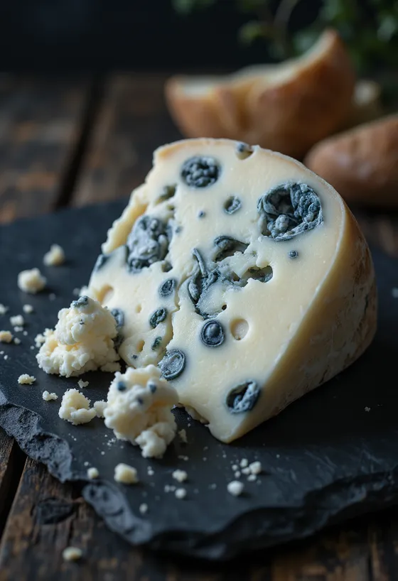 Djathë blu Roquefort i freskët në një tas të bardhë qeramike, mbi tavolinë druri