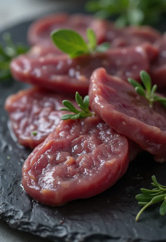 Mëlçi derri e gjallë e prerë në feta mbi dërrasë druri, fileto me ngjyrë të kuqe të errët