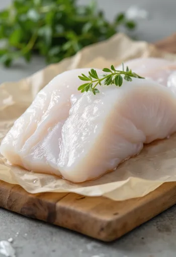 Fileto peshku Sherry e servirur me erëza mbi një dërrasë prerjeje druri