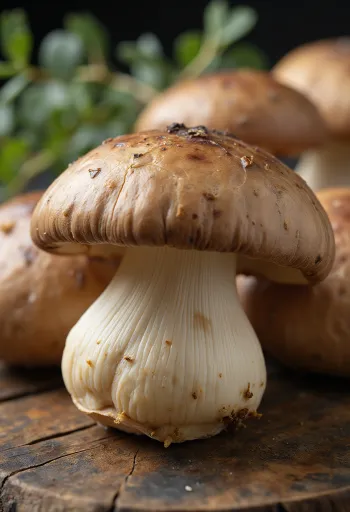 Kërpudha Shiitake të freskëta mbi dërrasë bambuje me salcë soje dhe xhenxhefil