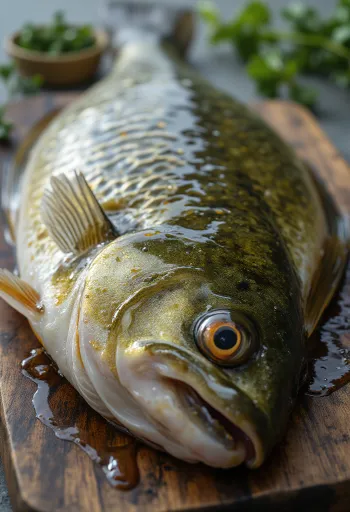 Fileto perce të freskëta me erëza dhe limon mbi dërrasë prerëse druri