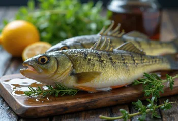 Fileto perce të freskëta me erëza dhe limon mbi dërrasë prerëse druri