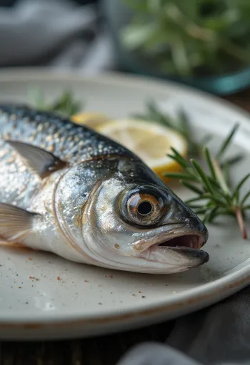 Sardele të freskëta me limon, kripë dhe majdanoz mbi dërrasë druri