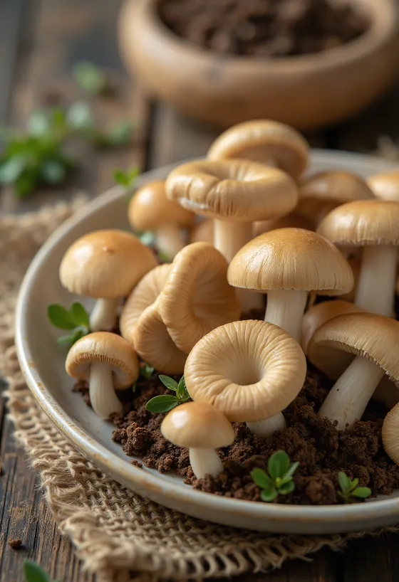 Kërpudha Marasmius të prera me erëza të freskëta dhe hudhur në dërrasë druri