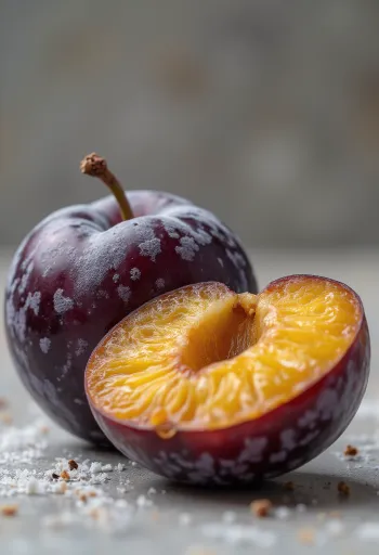 Kumbulla të freskëta vjollcë të prera përgjysmë dhe të plota, me reçel shtëpie në tavolinë rustike
