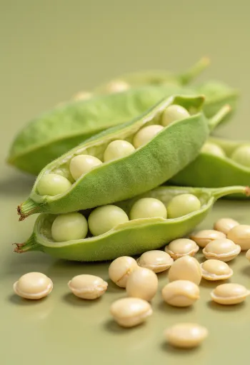 Fasule soje në tas qeramike dhe të shpërndara mbi tavolinë druri, me bishtaja edamame dhe gjethe