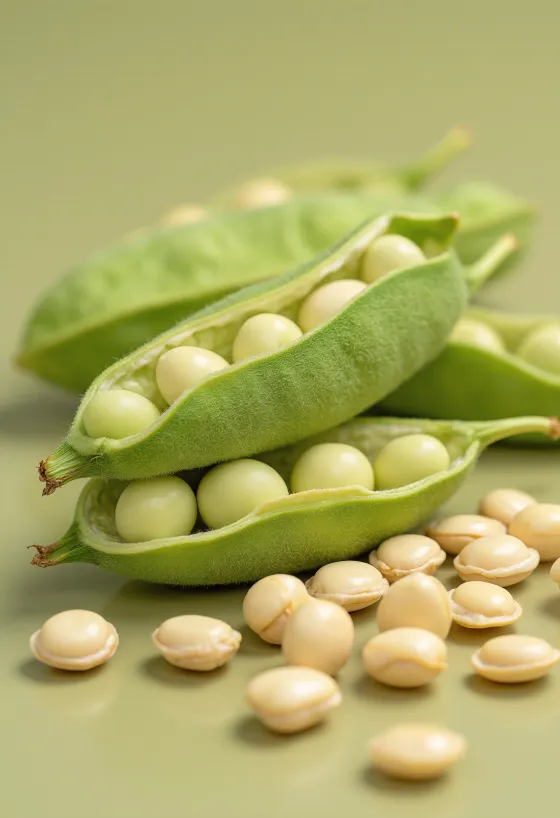 Fasule soje në tas qeramike dhe të shpërndara mbi tavolinë druri, me bishtaja edamame dhe gjethe