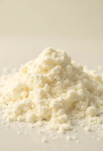 Qumësht pluhur në tas rustik me lugë druri dhe pluhur të shpërndarë mbi sipërfaqe druri