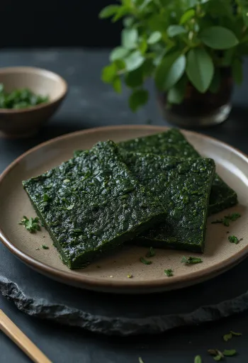 Fletë alge Nori të thata, me teksturë të detajuar dhe ngjyrë të gjelbër të gjallë