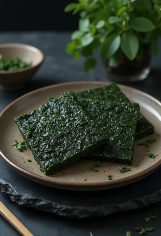 Fletë alge Nori të thata, me teksturë të detajuar dhe ngjyrë të gjelbër të gjallë